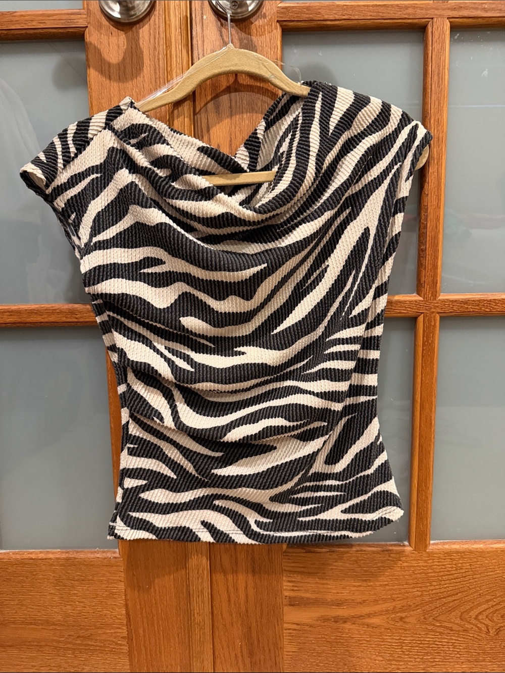 Renee C. Black and Cream Zebra-Print Draped Neck Top NWOT